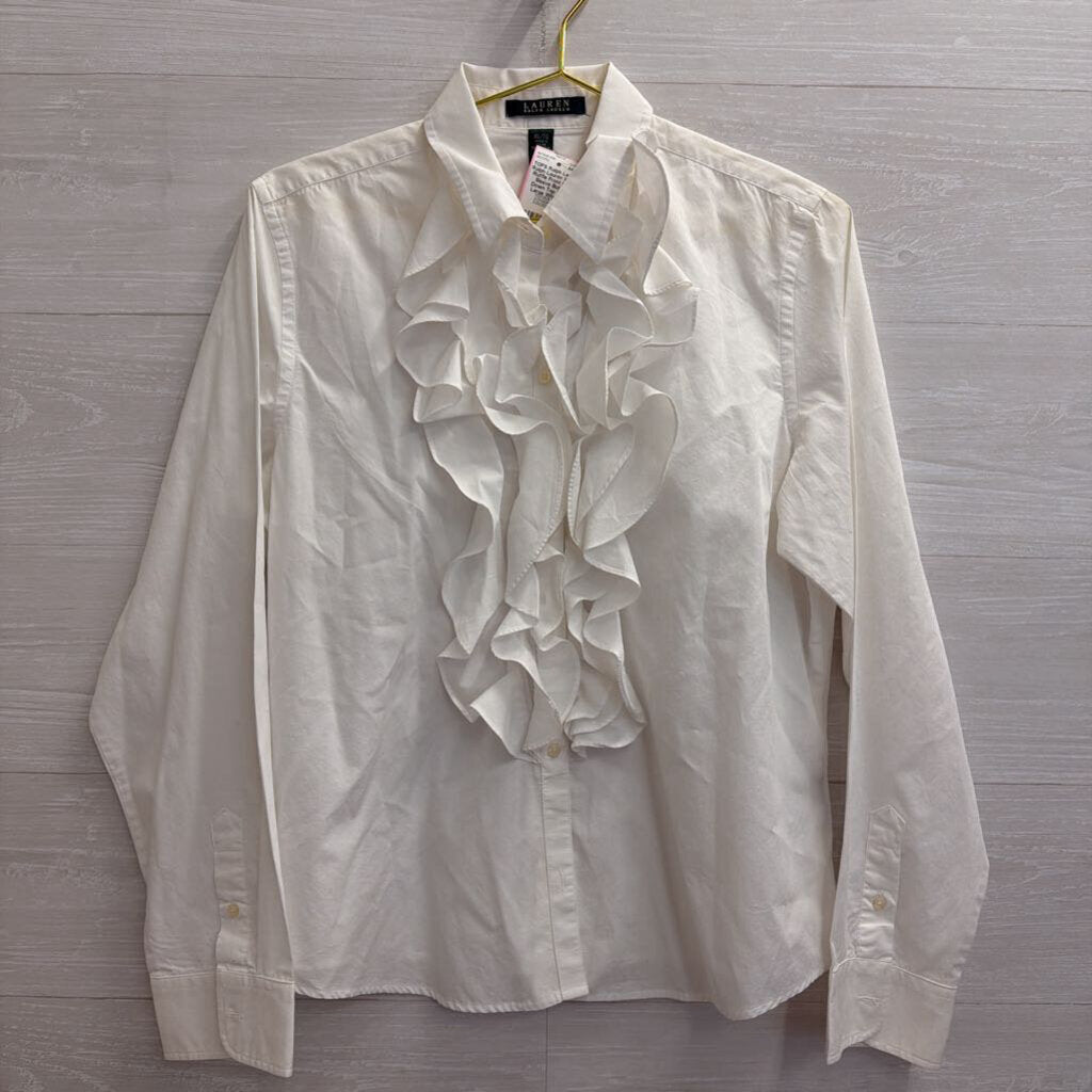 Ralph Lauren White Ruffle Front Long Sleeve Button Down Top Extra Large