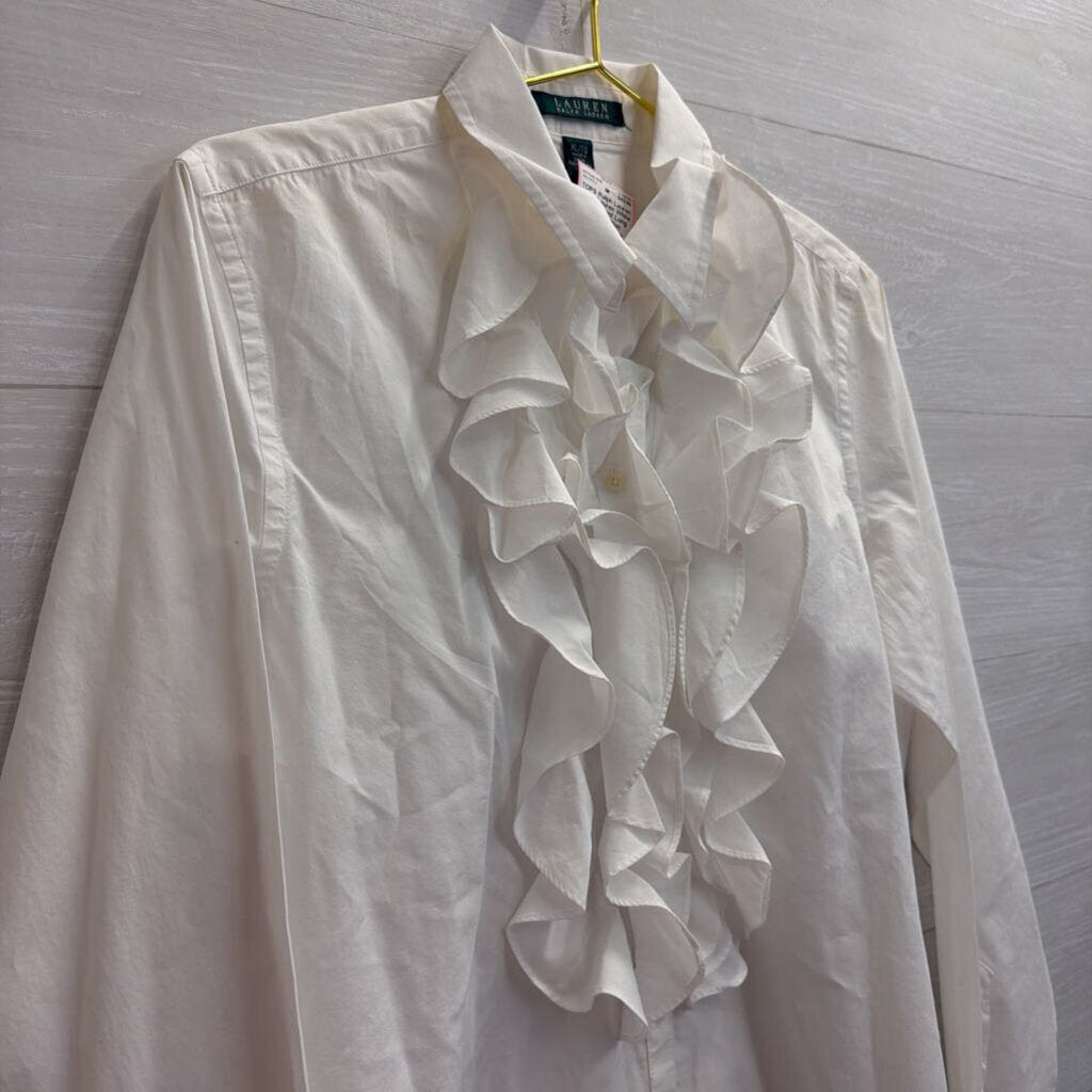 Ralph Lauren White Ruffle Front Long Sleeve Button Down Top Extra Large