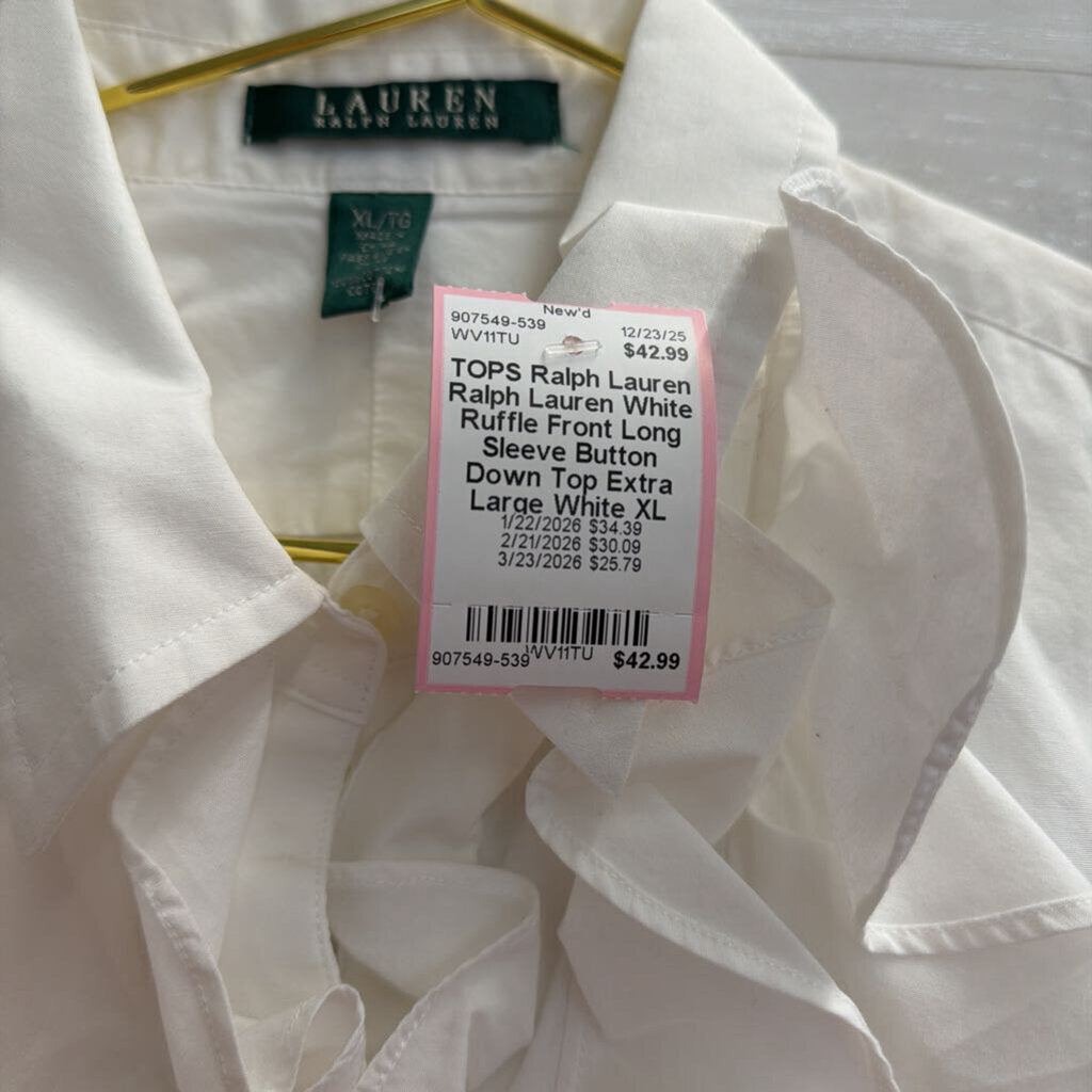 Ralph Lauren White Ruffle Front Long Sleeve Button Down Top Extra Large