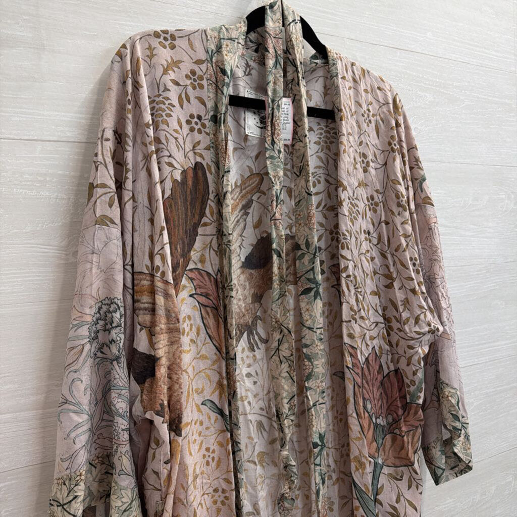 Market of Stars Blush Pink/ Multi Print Long Sleeve Tie Waist Open Front Duster One Size