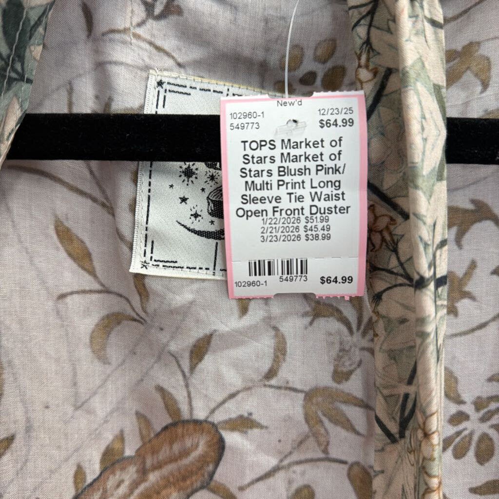 Market of Stars Blush Pink/ Multi Print Long Sleeve Tie Waist Open Front Duster One Size