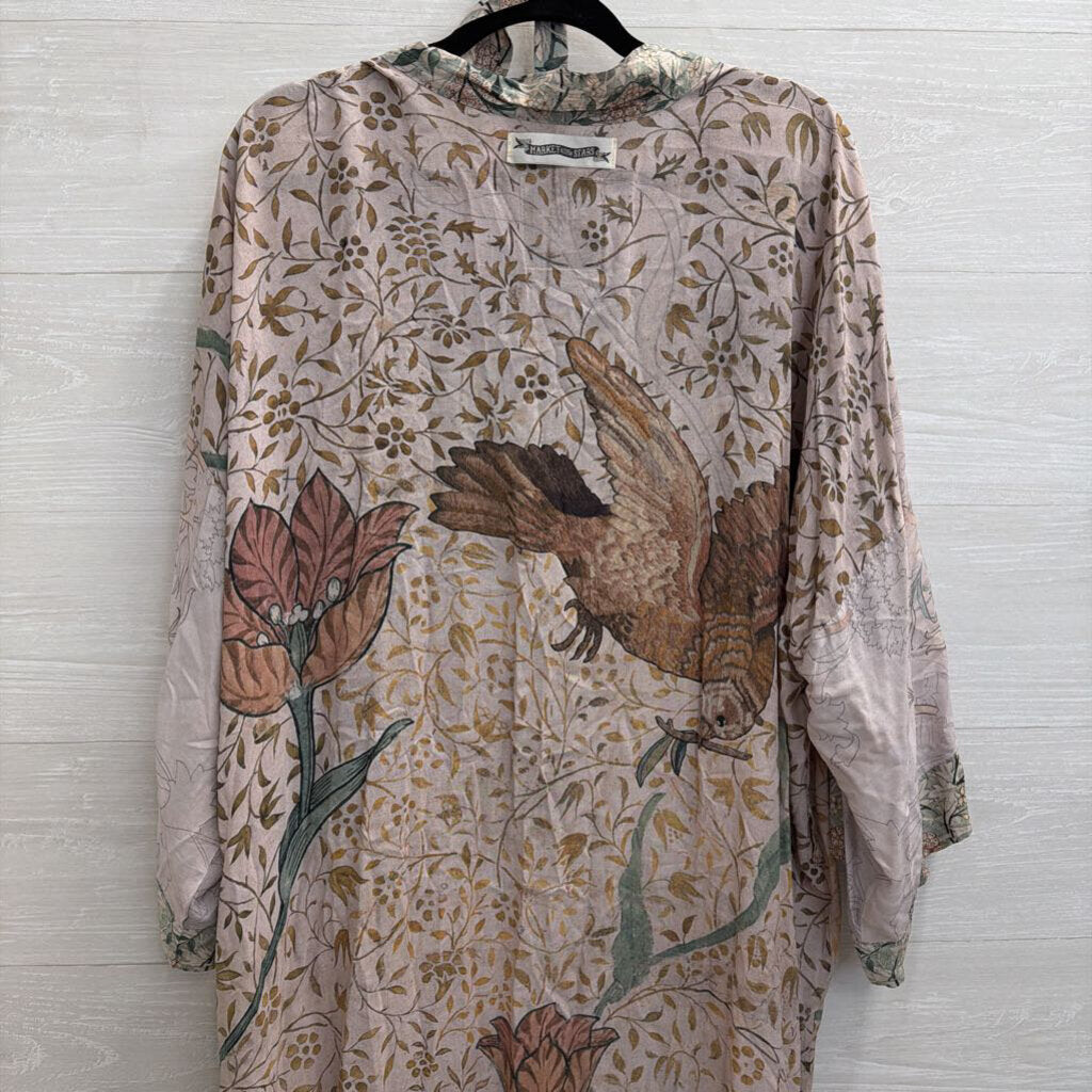 Market of Stars Blush Pink/ Multi Print Long Sleeve Tie Waist Open Front Duster One Size