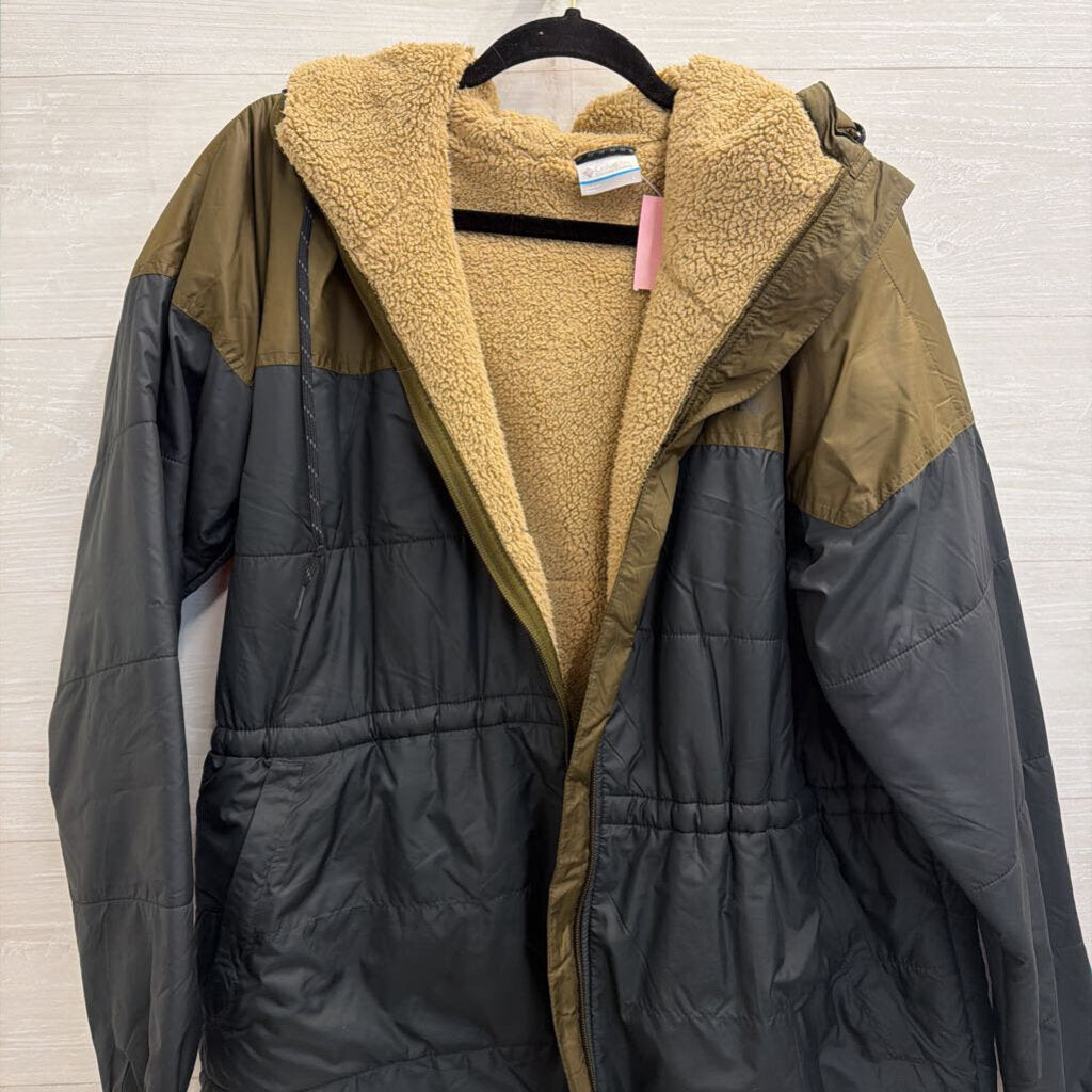 Columbia Black/ Green Soft Fleece Lined Long Zip Up Hooded Jacket Large