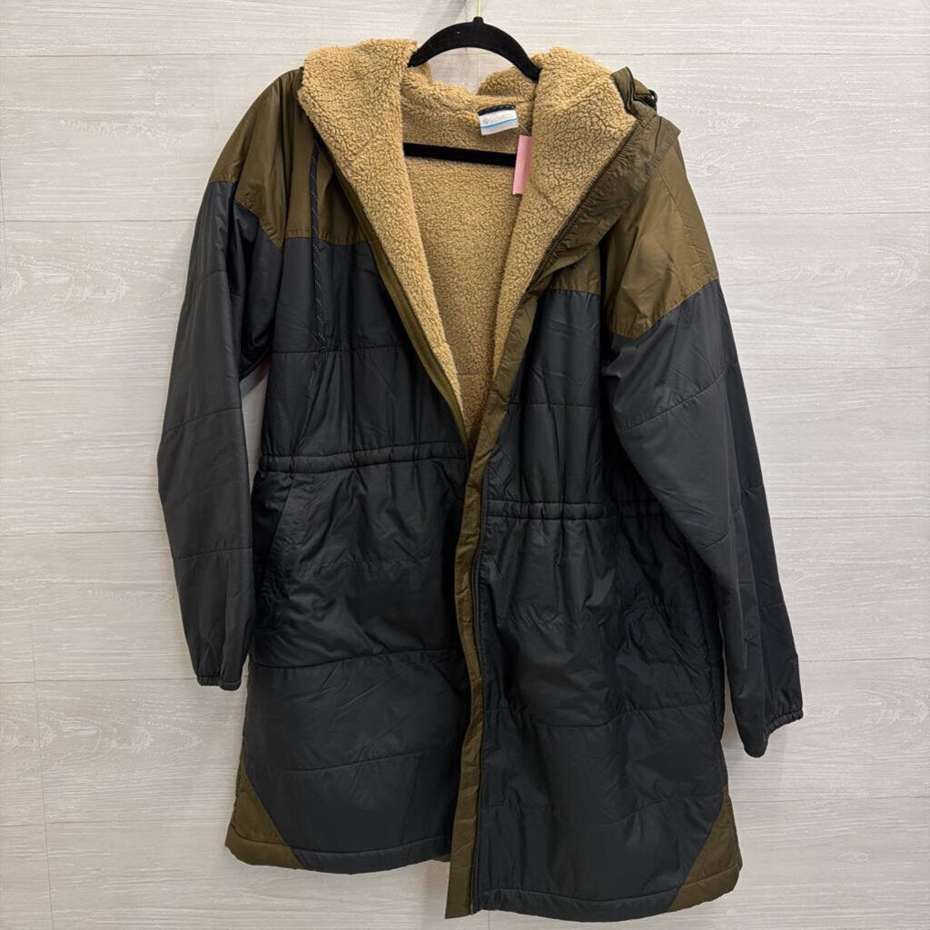 Columbia Black/ Green Soft Fleece Lined Long Zip Up Hooded Jacket Large