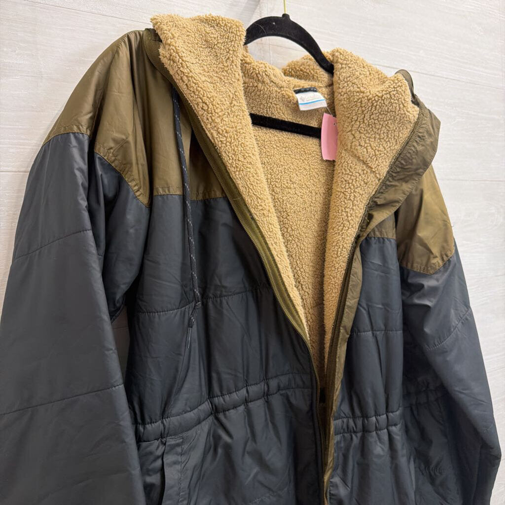 Columbia Black/ Green Soft Fleece Lined Long Zip Up Hooded Jacket Large