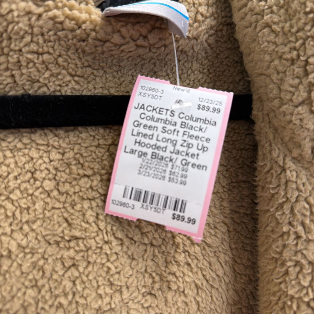 Columbia Black/ Green Soft Fleece Lined Long Zip Up Hooded Jacket Large