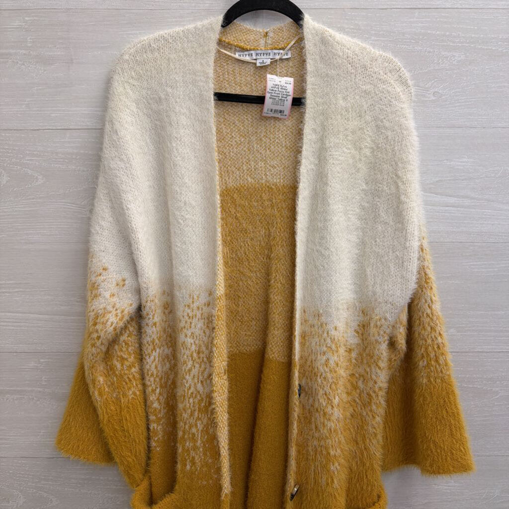 HYFVE White/ Yellow Fuzzy Knit Open Front Cardigan Sweater Small
