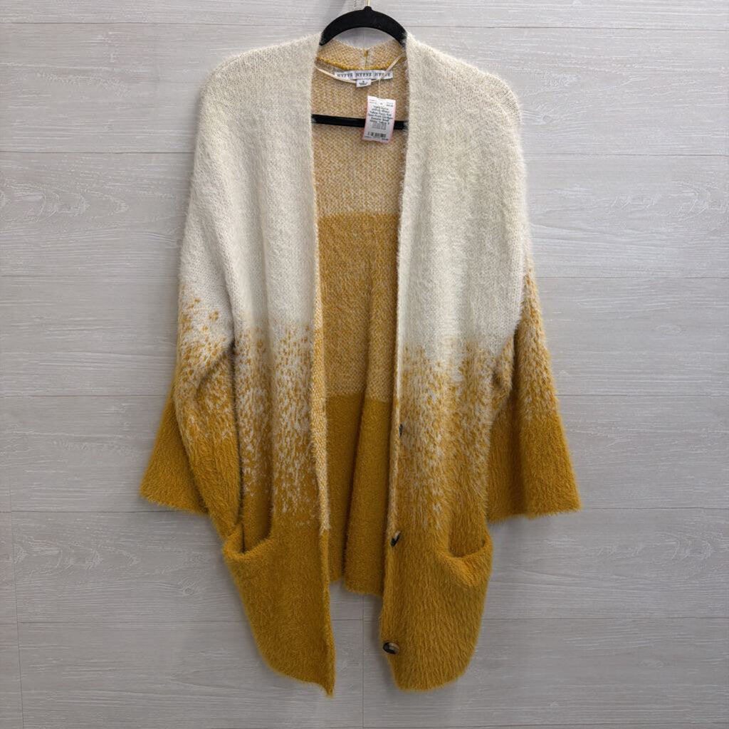 HYFVE White/ Yellow Fuzzy Knit Open Front Cardigan Sweater Small