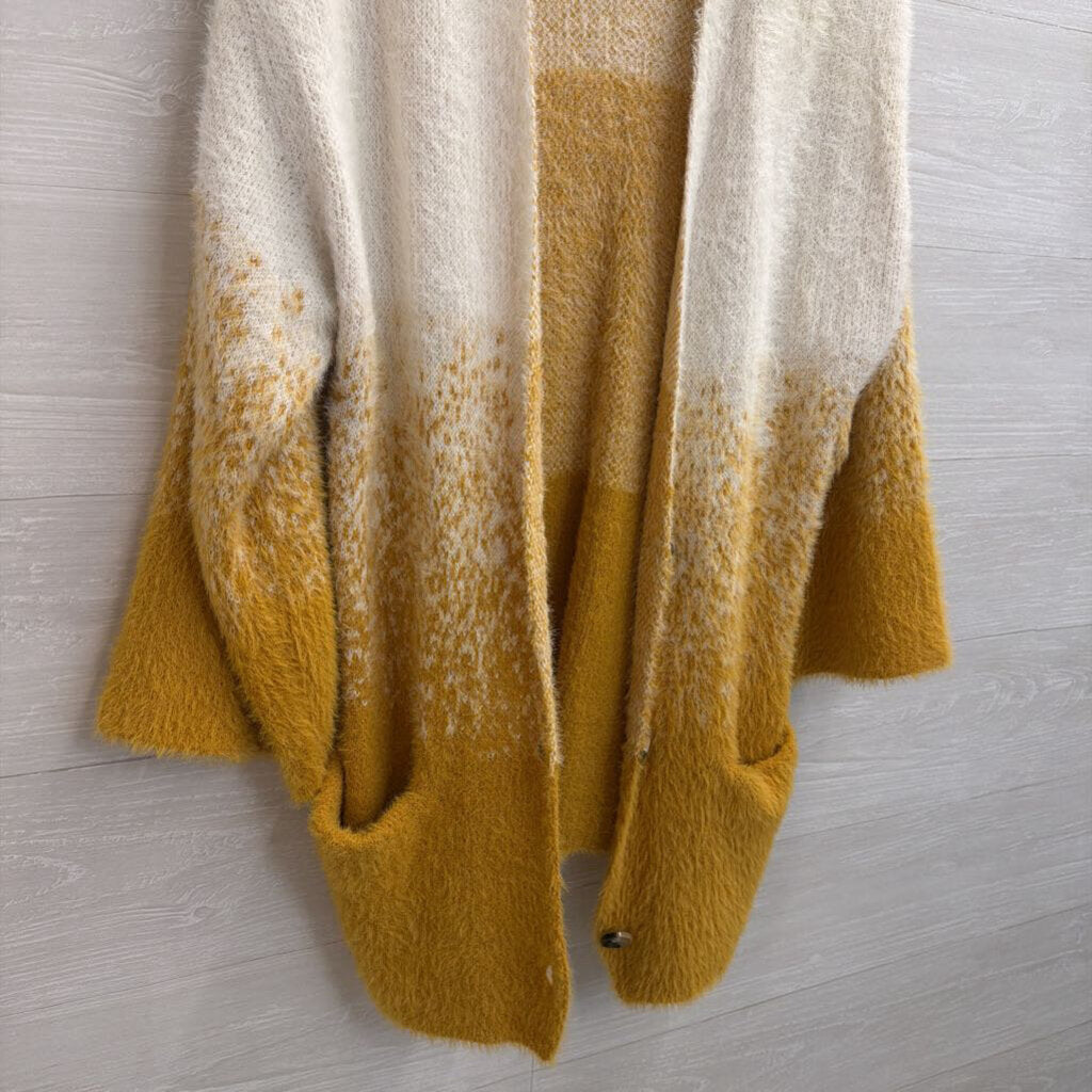 HYFVE White/ Yellow Fuzzy Knit Open Front Cardigan Sweater Small