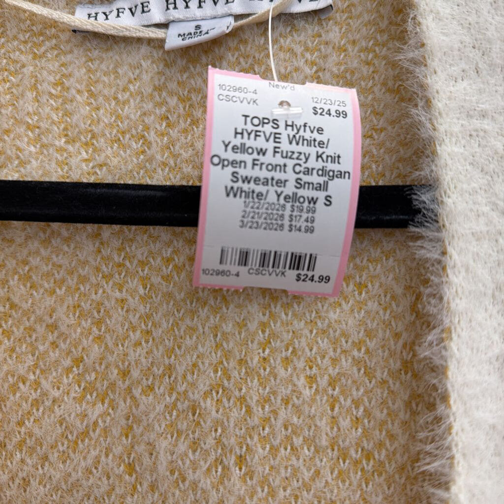 HYFVE White/ Yellow Fuzzy Knit Open Front Cardigan Sweater Small