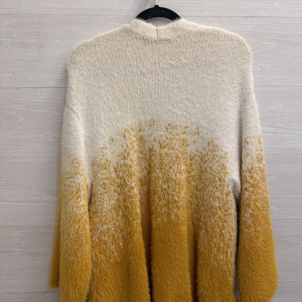 HYFVE White/ Yellow Fuzzy Knit Open Front Cardigan Sweater Small