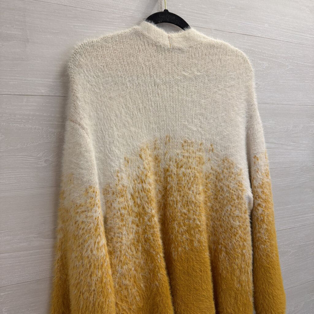 HYFVE White/ Yellow Fuzzy Knit Open Front Cardigan Sweater Small