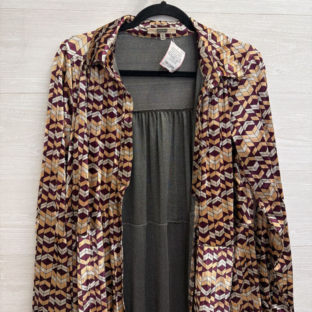 Gimmicks Yellow/ Purple Crushed Velvet Print Long Sleeve Open Front Top Medium