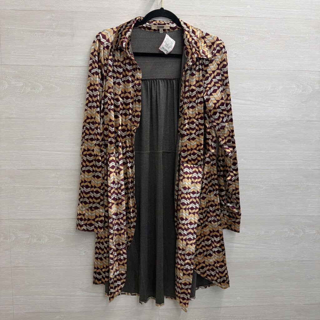 Gimmicks Yellow/ Purple Crushed Velvet Print Long Sleeve Open Front Top Medium