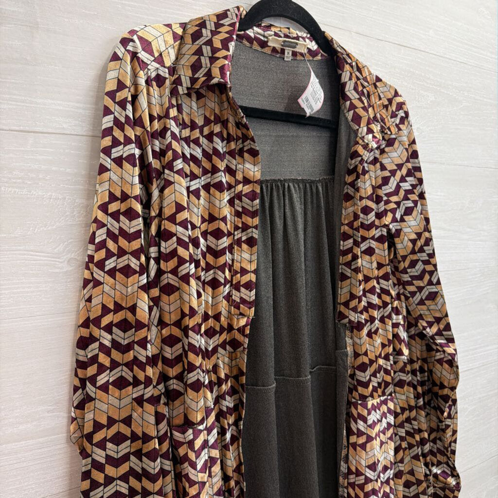 Gimmicks Yellow/ Purple Crushed Velvet Print Long Sleeve Open Front Top Medium