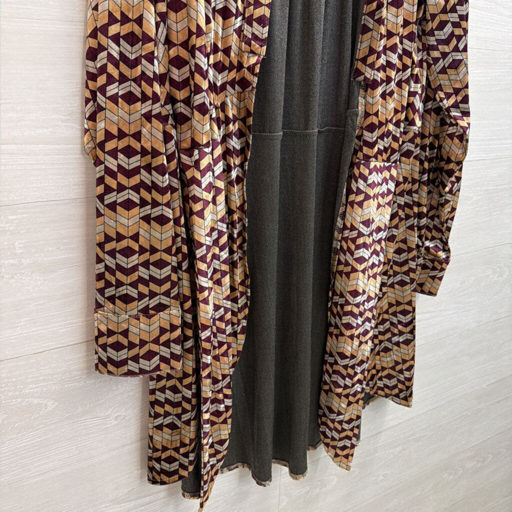 Gimmicks Yellow/ Purple Crushed Velvet Print Long Sleeve Open Front Top Medium