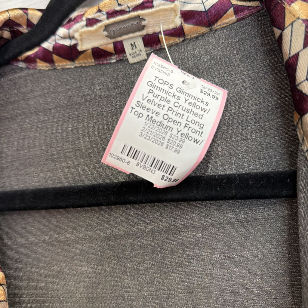 Gimmicks Yellow/ Purple Crushed Velvet Print Long Sleeve Open Front Top Medium