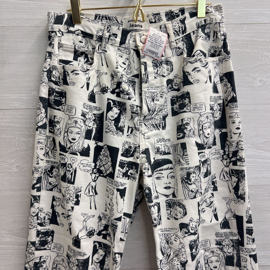 Reformation Jeans White/ Black Comic Print High Rise Straight Leg Jeans 28
