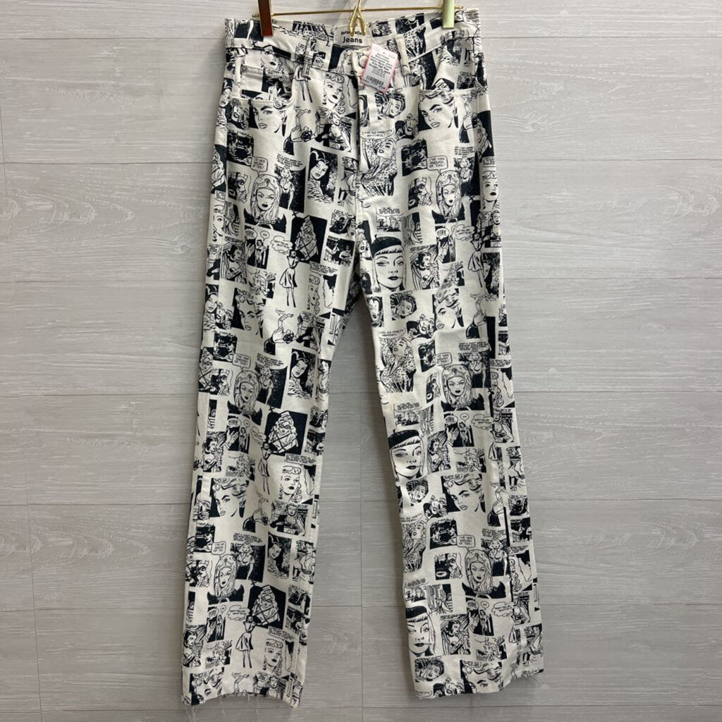 Reformation Jeans White/ Black Comic Print High Rise Straight Leg Jeans 28