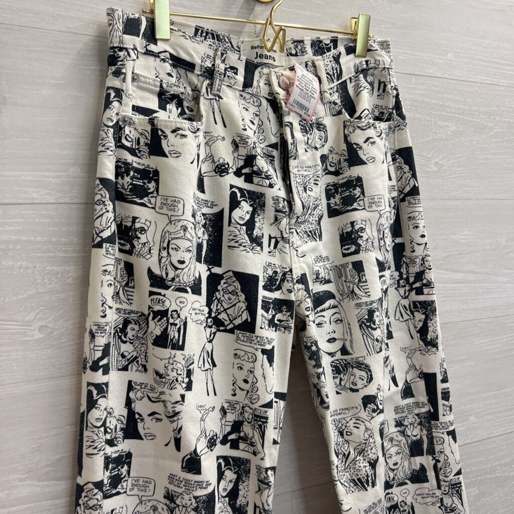 Reformation Jeans White/ Black Comic Print High Rise Straight Leg Jeans 28