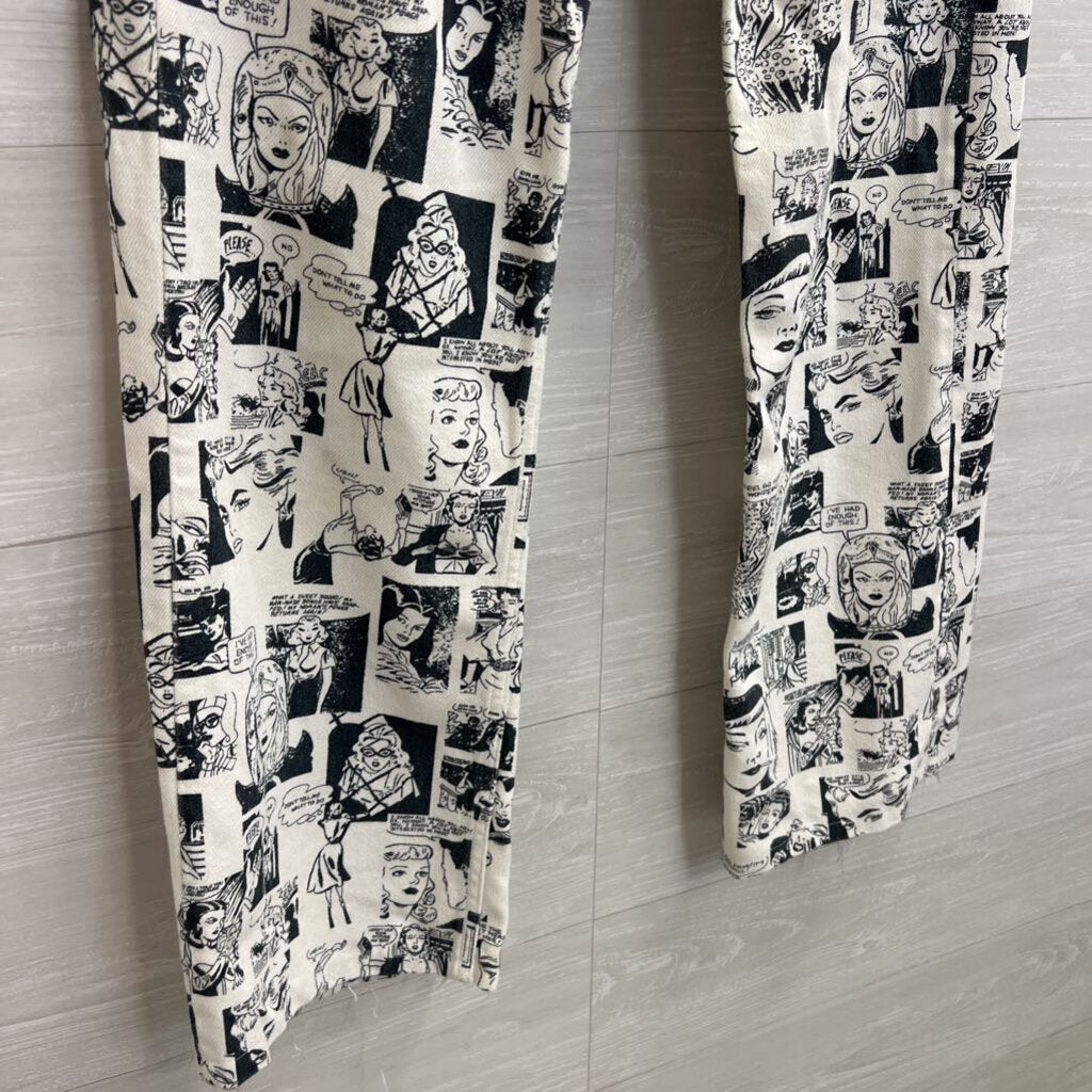Reformation Jeans White/ Black Comic Print High Rise Straight Leg Jeans 28