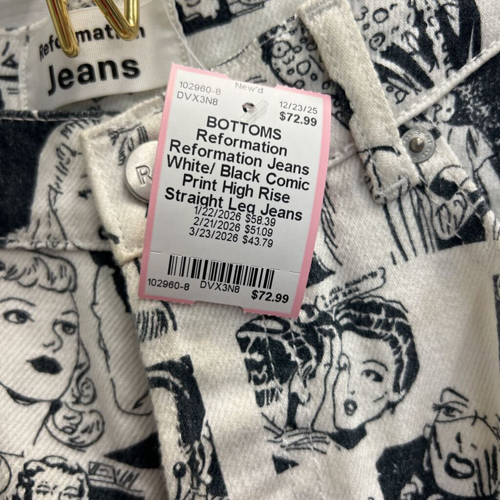 Reformation Jeans White/ Black Comic Print High Rise Straight Leg Jeans 28