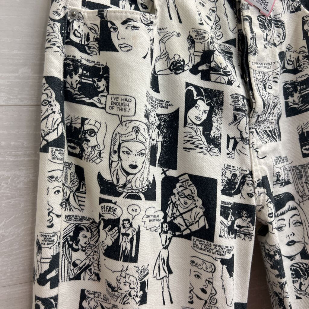 Reformation Jeans White/ Black Comic Print High Rise Straight Leg Jeans 28