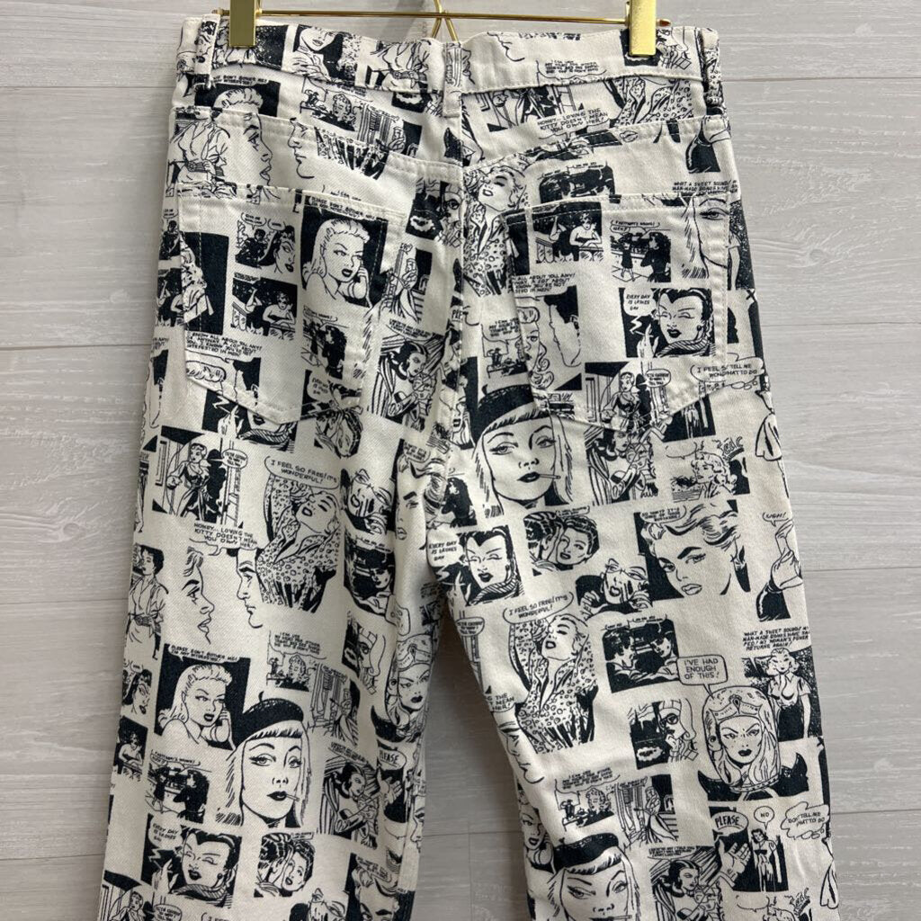 Reformation Jeans White/ Black Comic Print High Rise Straight Leg Jeans 28