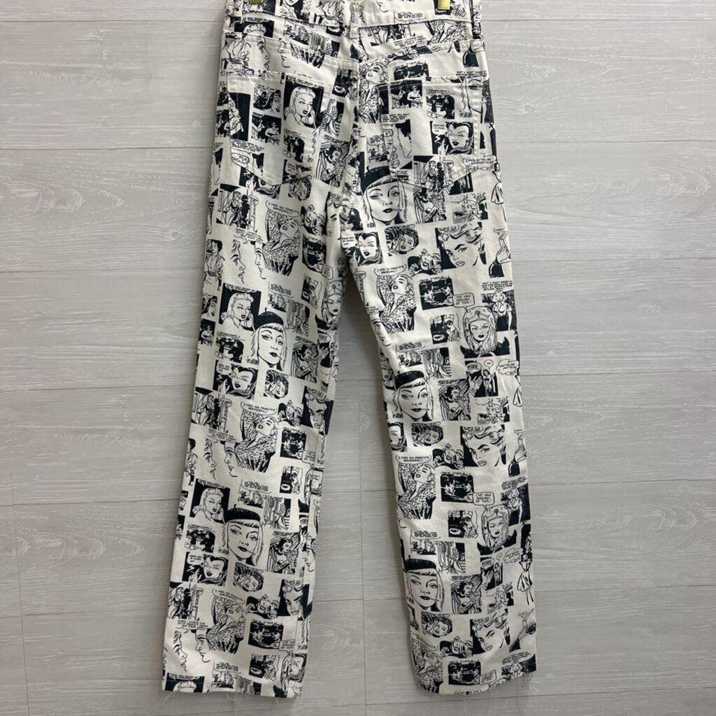 Reformation Jeans White/ Black Comic Print High Rise Straight Leg Jeans 28