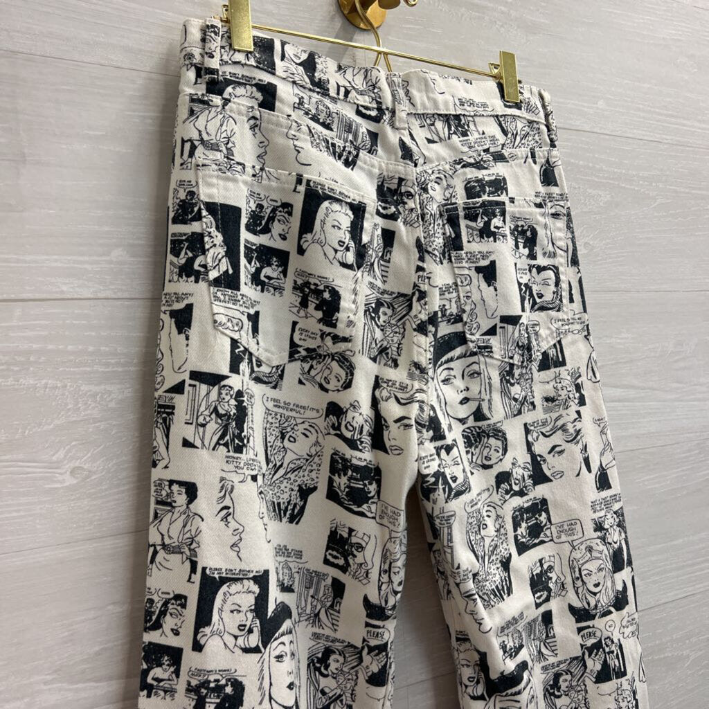 Reformation Jeans White/ Black Comic Print High Rise Straight Leg Jeans 28
