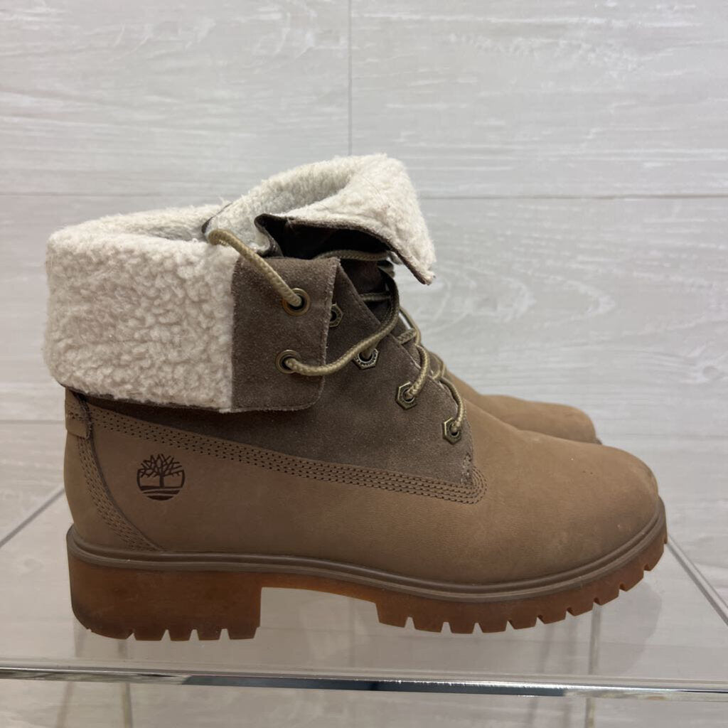 Timberland Light Brown Jayne Waterproof Teddy Fleece Fold Down Boots 8.5