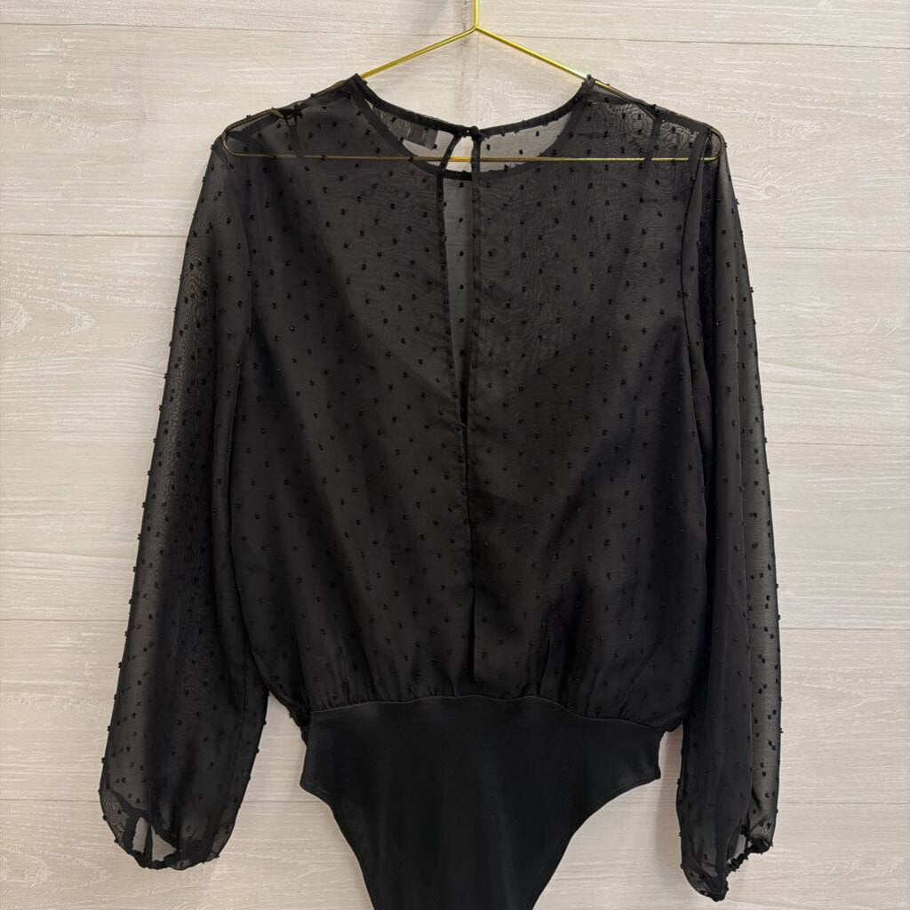 WAYF Black Dot Detail Long Sleeve Bodysuit Top Medium