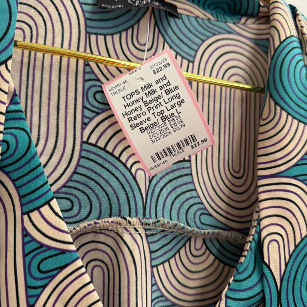 Milk and Honey Beige/ Blue Retro Print Long Sleeve Top Large