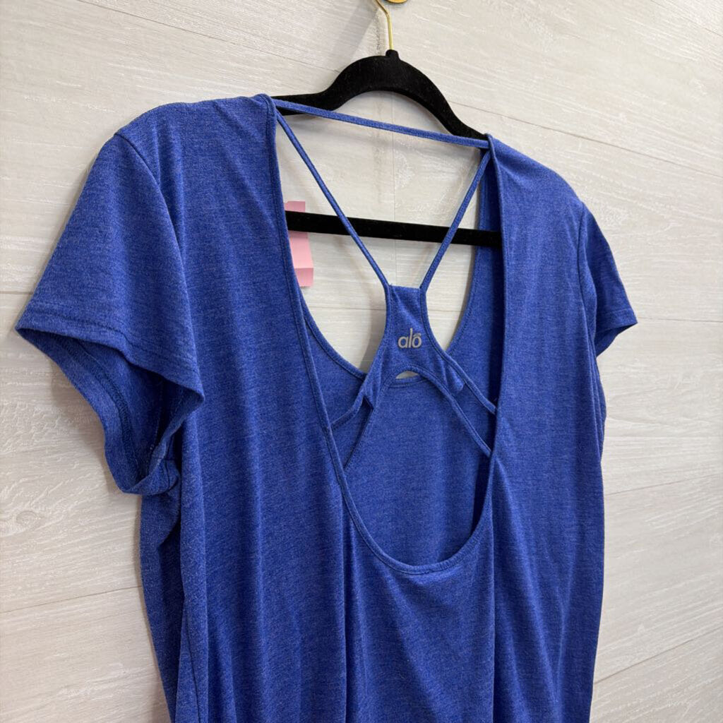 Alo Blue Short Sleeve Strappy Back Athletic Top Medium