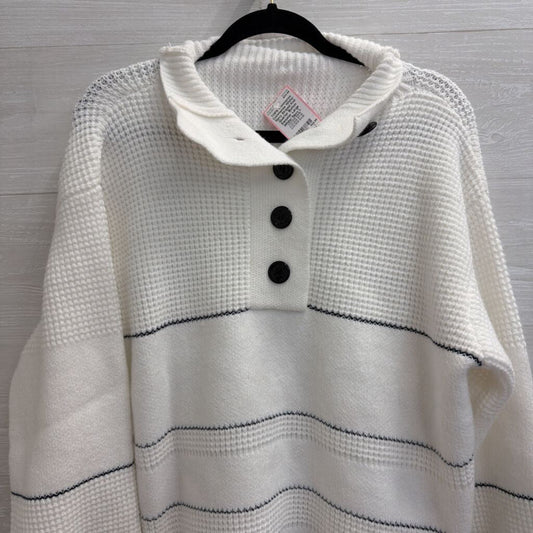 Commense White/ Navy Striped Knit Quarter Button Sweater Large