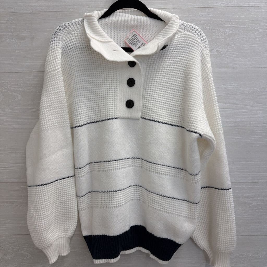 Commense White/ Navy Striped Knit Quarter Button Sweater Large