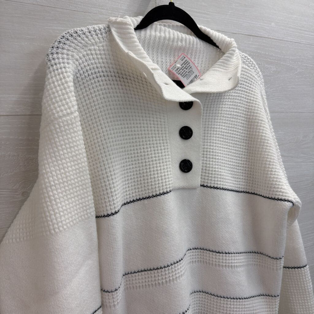 Commense White/ Navy Striped Knit Quarter Button Sweater Large