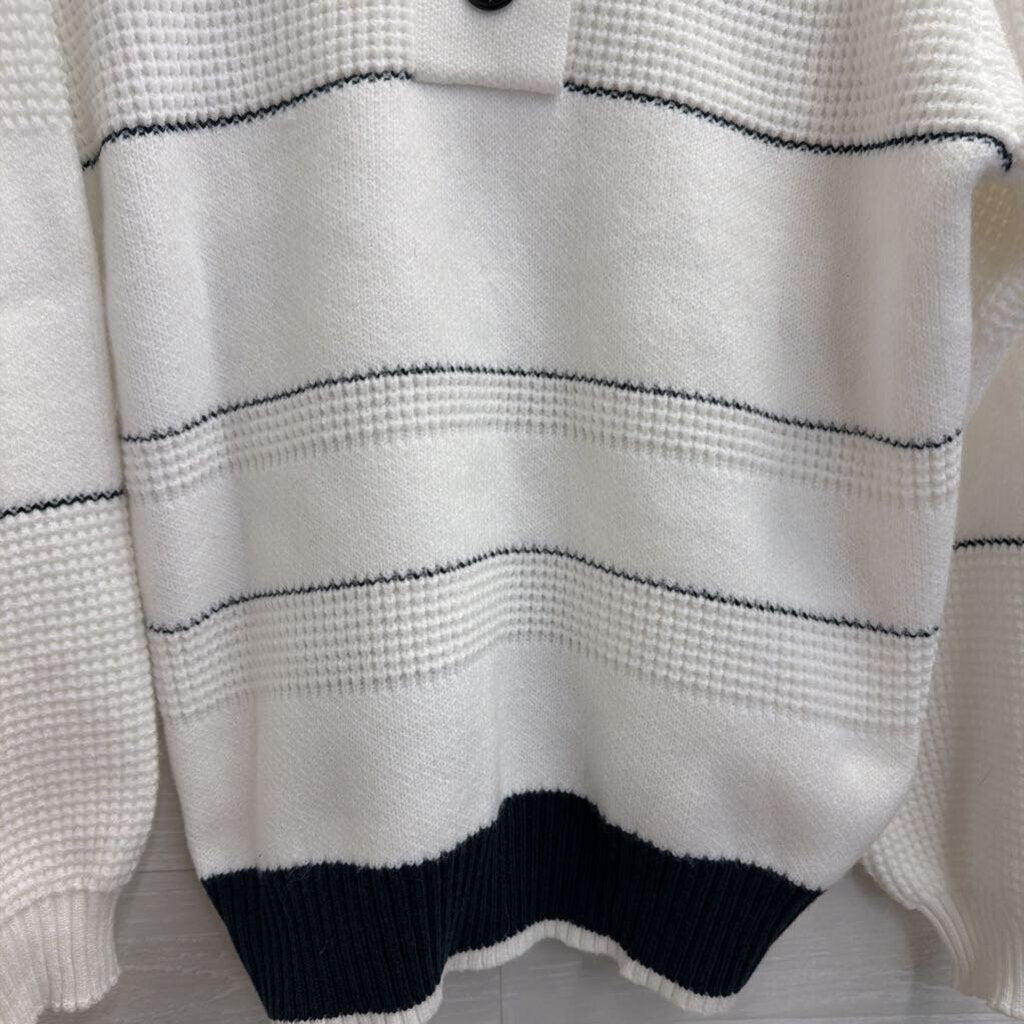 Commense White/ Navy Striped Knit Quarter Button Sweater Large