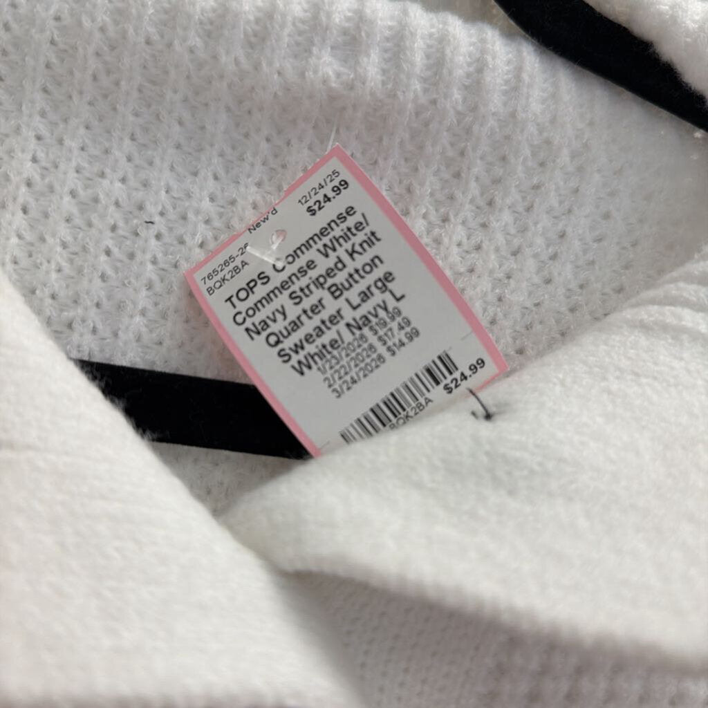 Commense White/ Navy Striped Knit Quarter Button Sweater Large