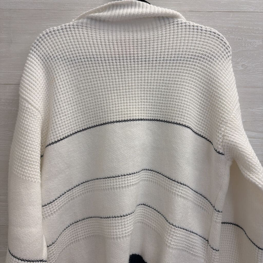 Commense White/ Navy Striped Knit Quarter Button Sweater Large