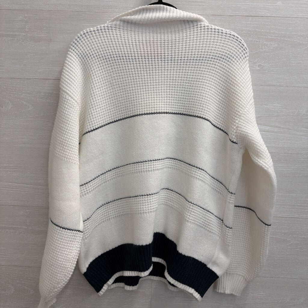 Commense White/ Navy Striped Knit Quarter Button Sweater Large