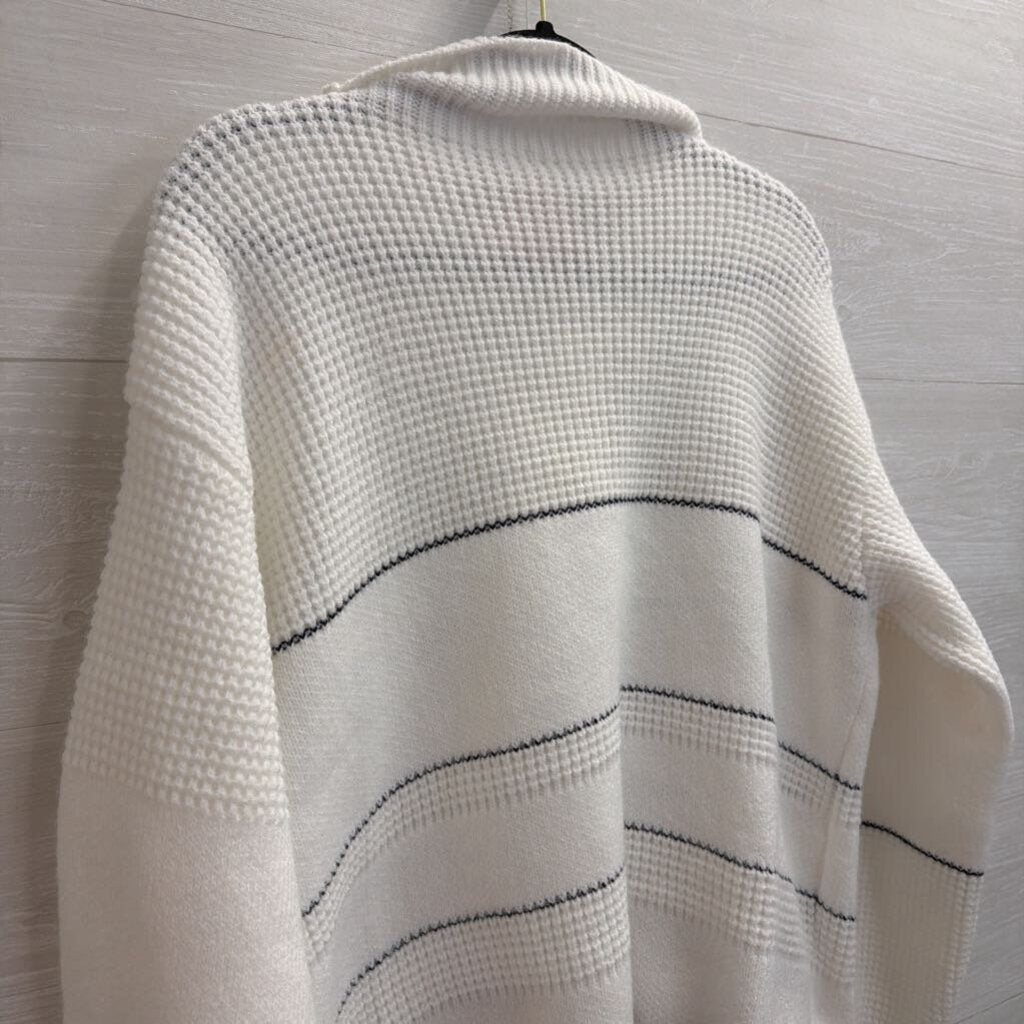 Commense White/ Navy Striped Knit Quarter Button Sweater Large