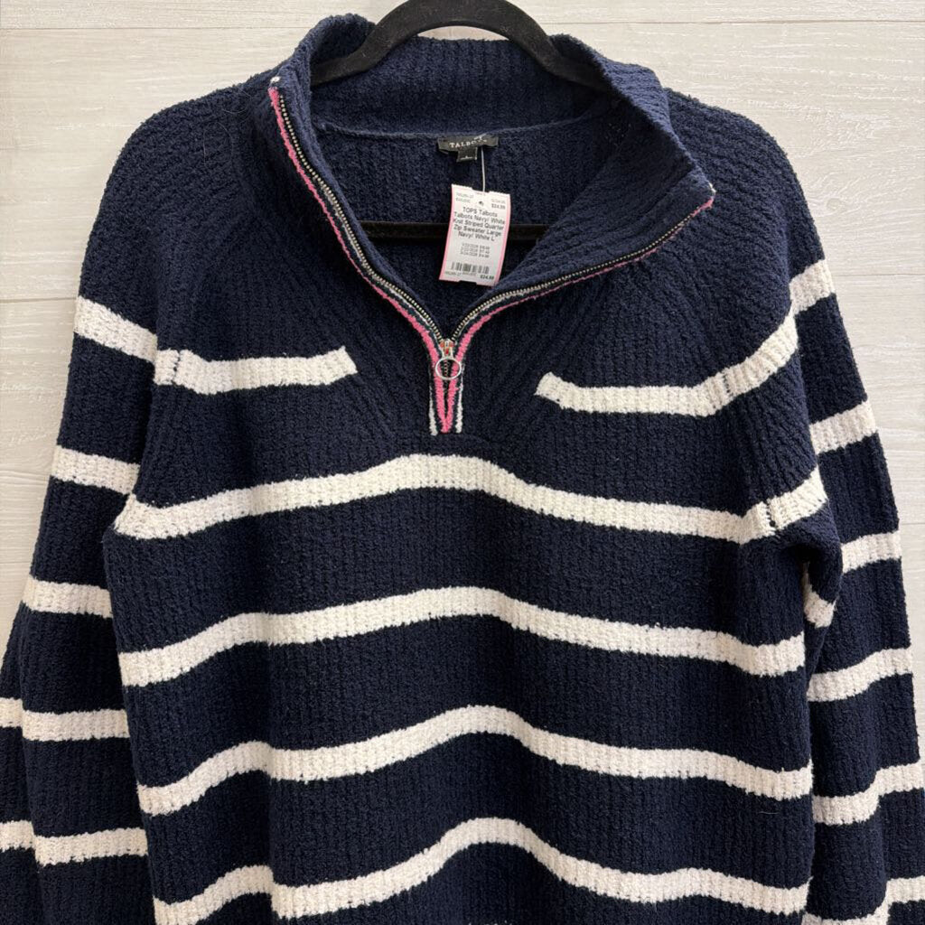 Talbots Navy/ White Knit Striped Quarter Zip Sweater Large