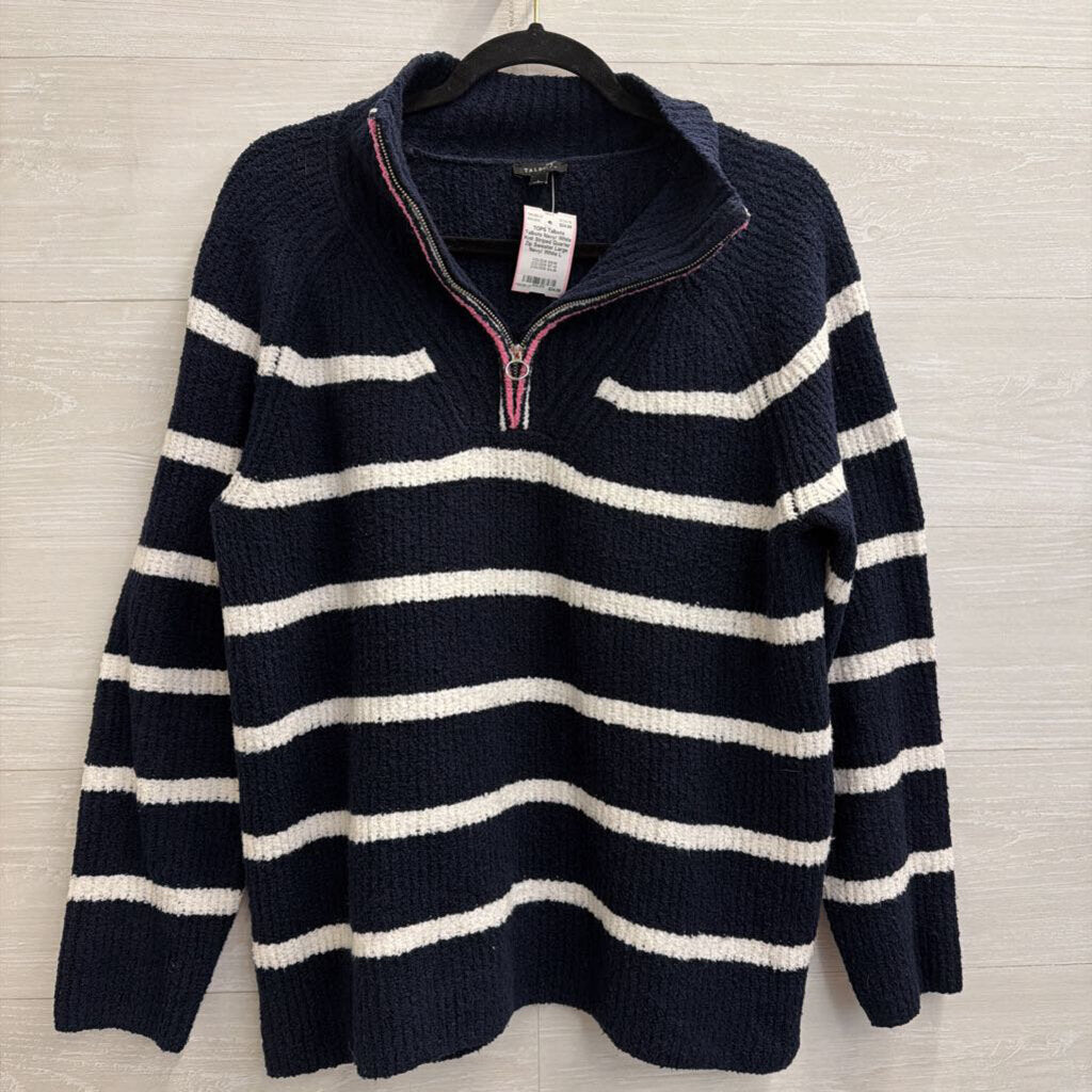 Talbots Navy/ White Knit Striped Quarter Zip Sweater Large
