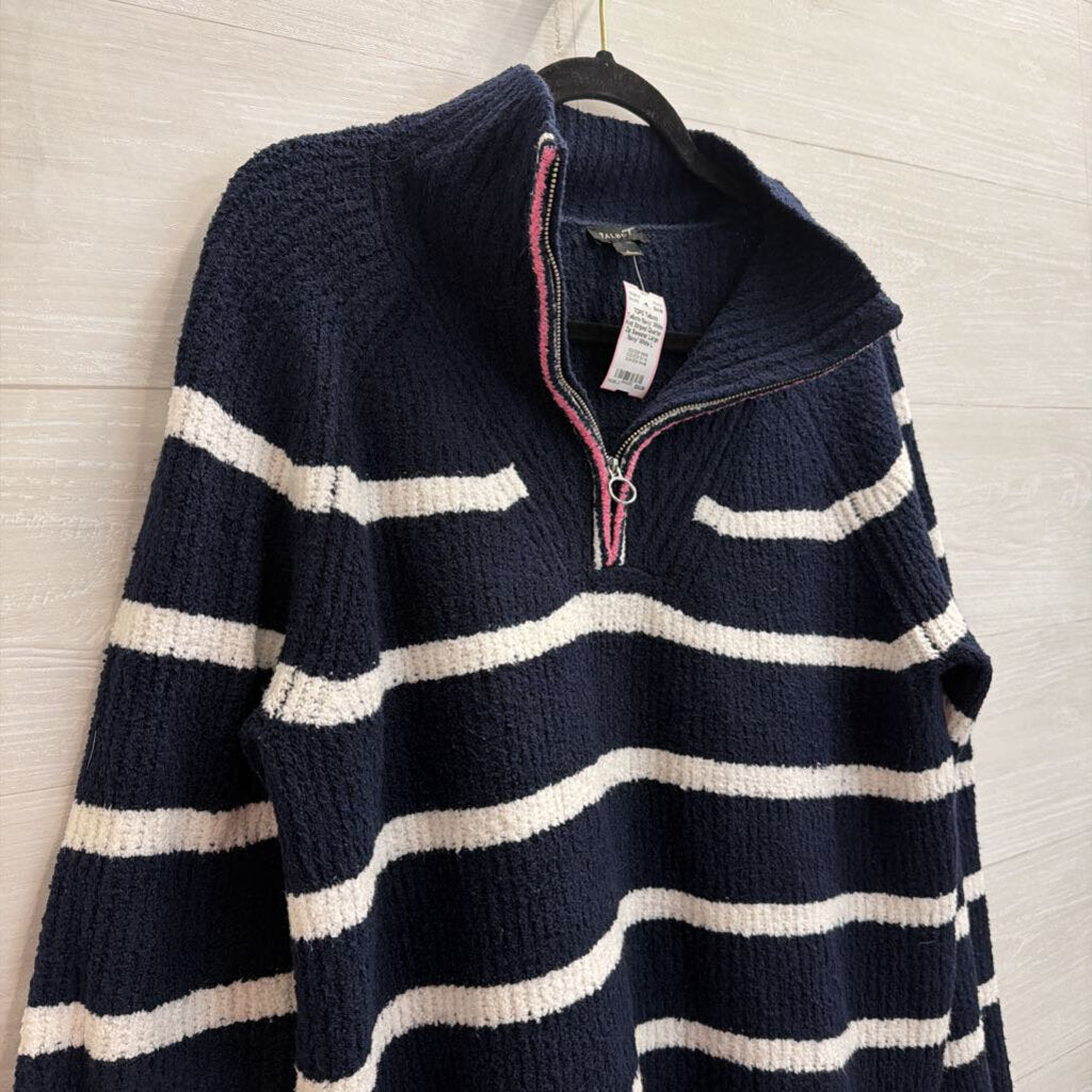 Talbots Navy/ White Knit Striped Quarter Zip Sweater Large
