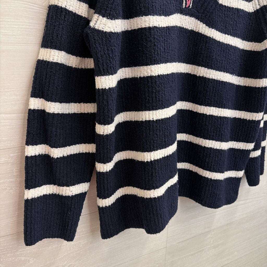 Talbots Navy/ White Knit Striped Quarter Zip Sweater Large