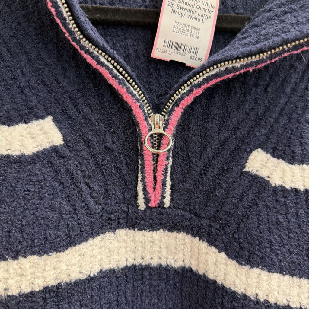 Talbots Navy/ White Knit Striped Quarter Zip Sweater Large