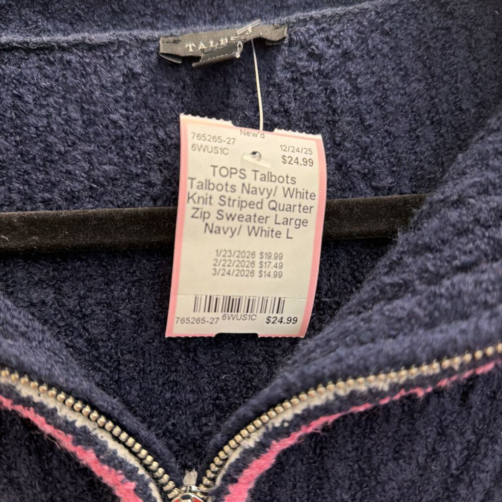 Talbots Navy/ White Knit Striped Quarter Zip Sweater Large