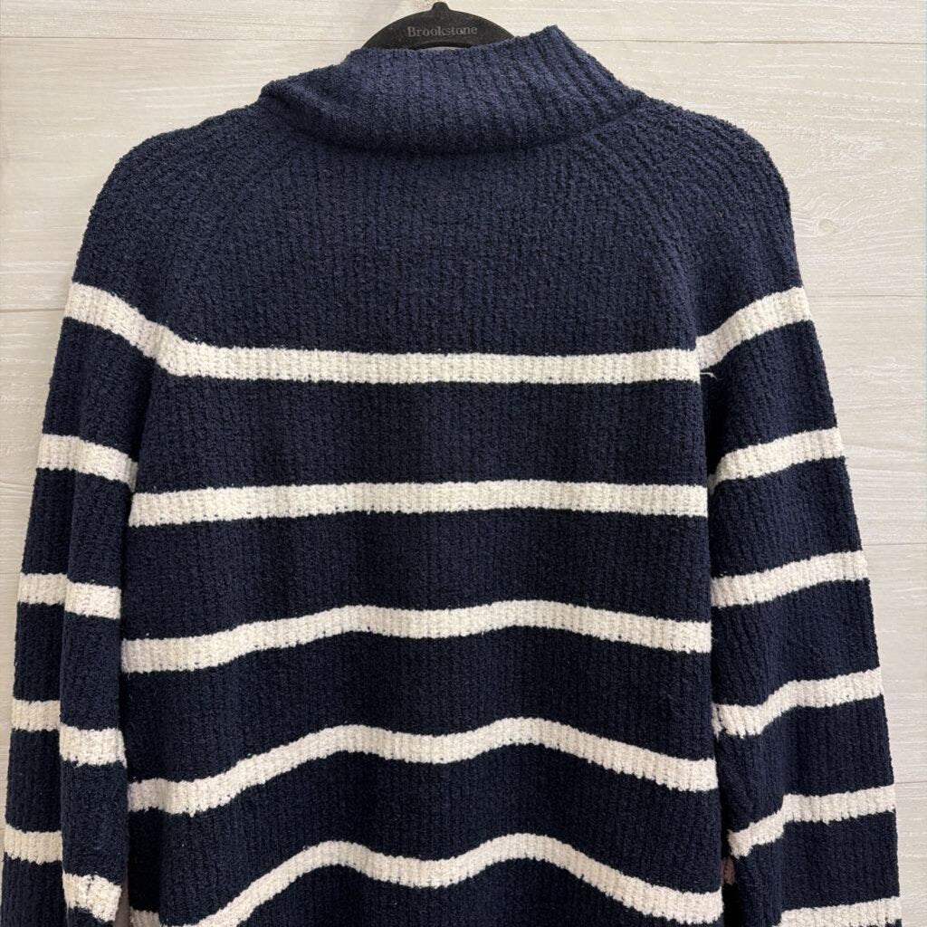 Talbots Navy/ White Knit Striped Quarter Zip Sweater Large
