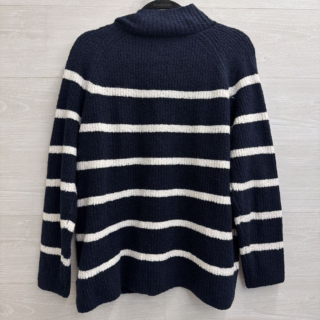 Talbots Navy/ White Knit Striped Quarter Zip Sweater Large